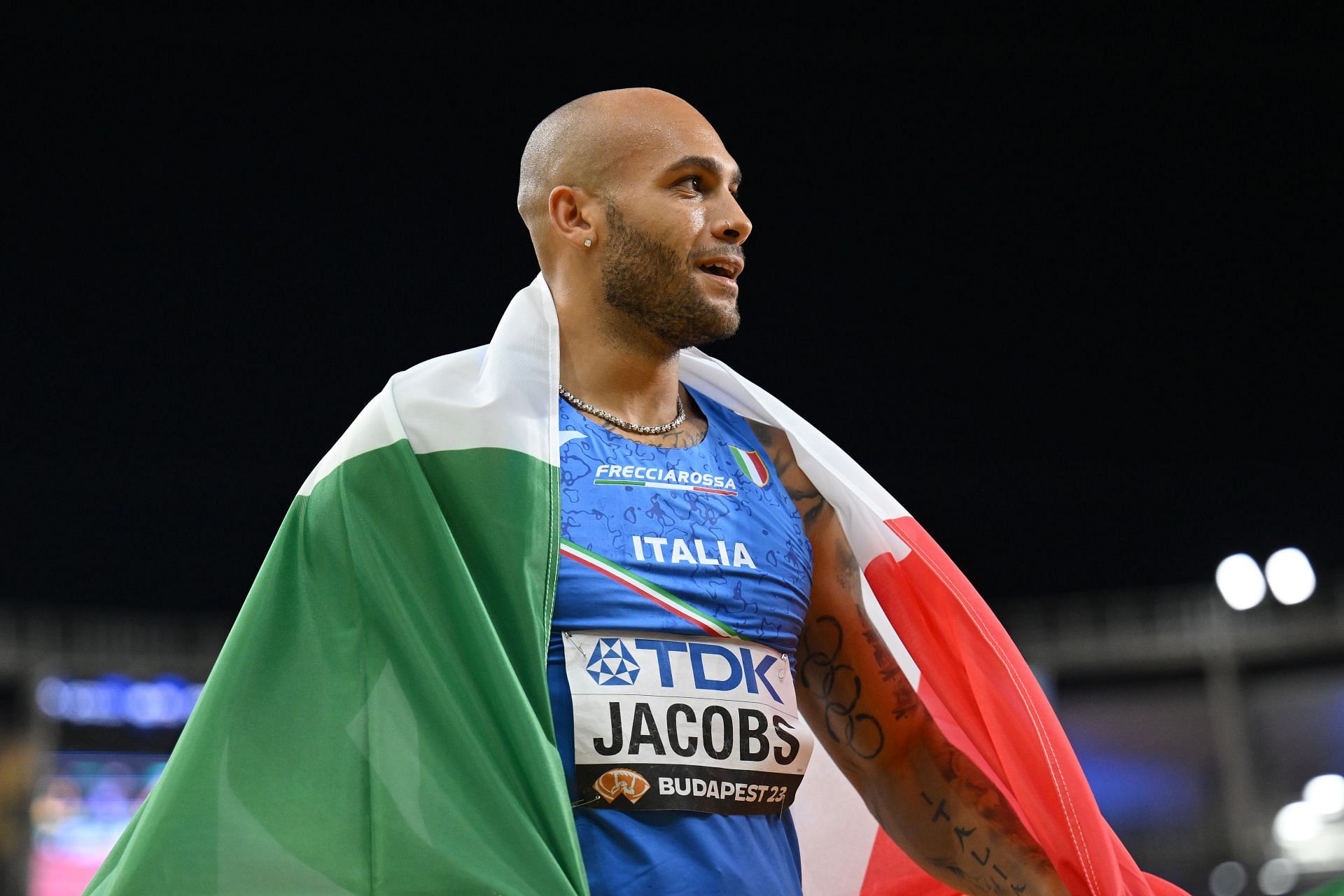 Marcell Jacobs at the 2023 World Athletics Championships in Budapest, Hungary.