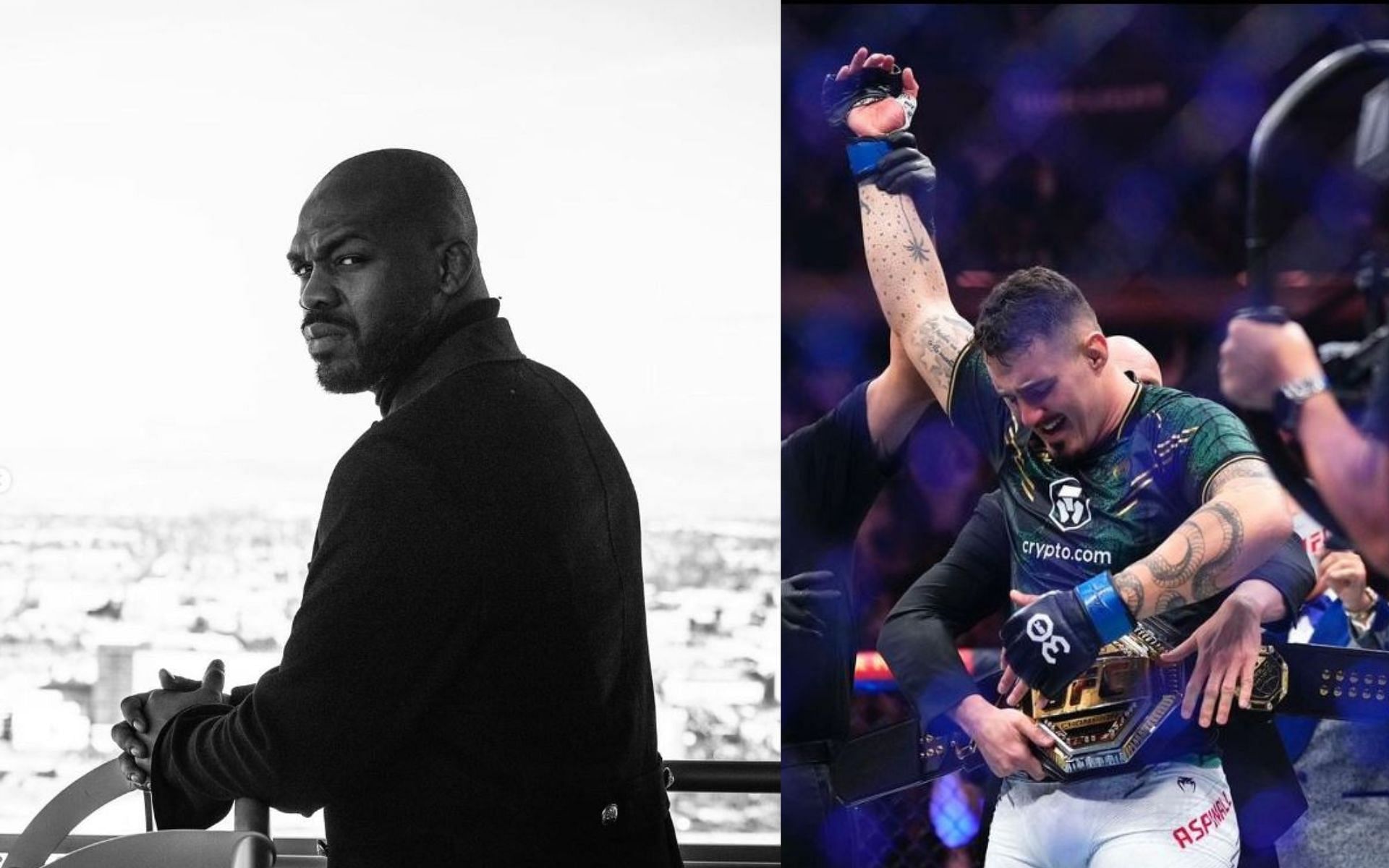 Jon Jones (left) sends message to haters regarding a possible unification fight with Tom Aspinal (right). [Image credit: @jonnybones and @tomaspinallofficial on Instagram]