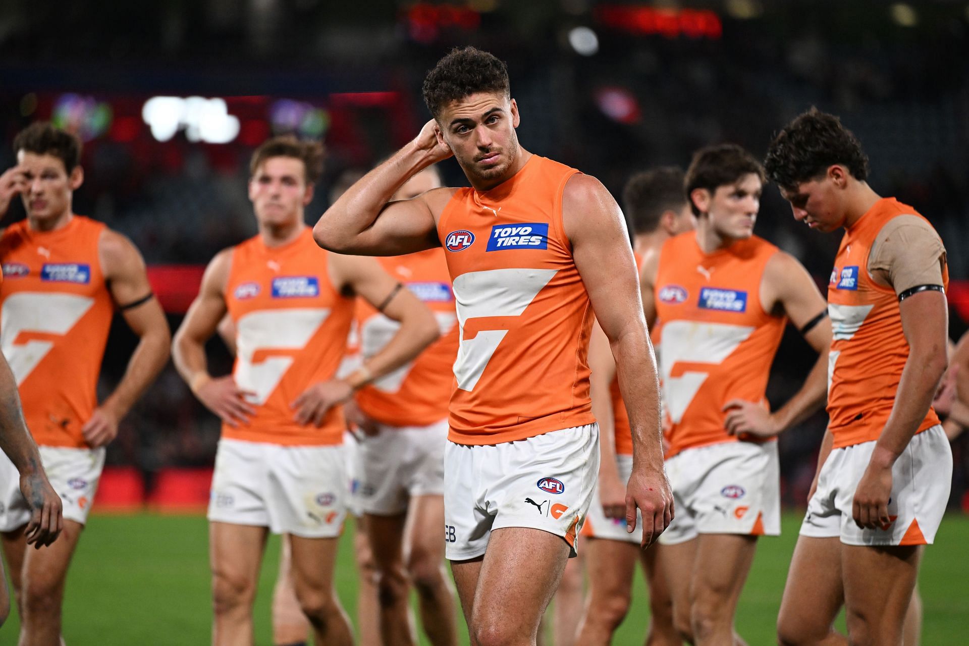 The Giants look dejected after the round nine AFL match loss