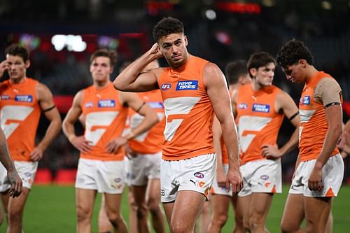 The Giants look dejected after the round nine AFL match loss