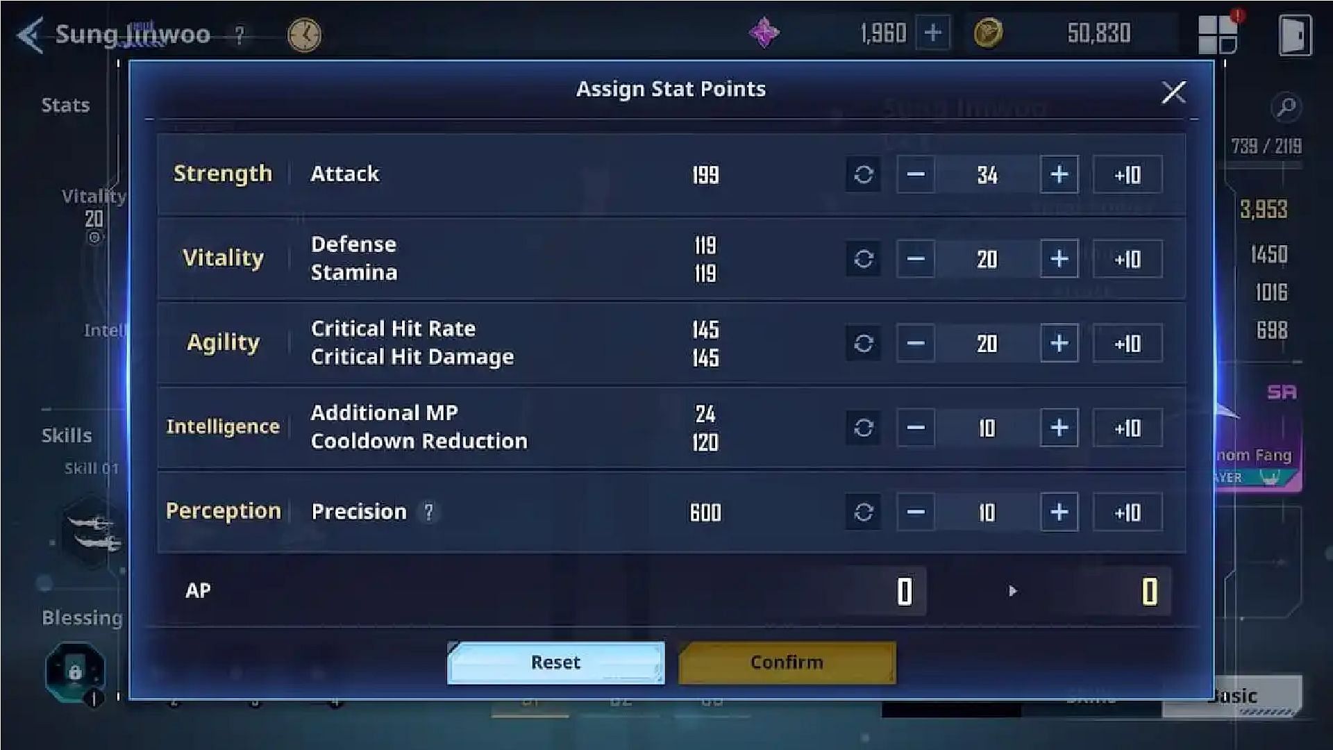 Here, you can allocate Attribute Points to increase the stats of Sung Jinwoo (Image via Netmarble)
