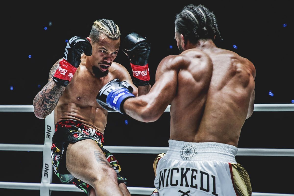 Regian Eersel (left) and Alexis Nicolas (right) during their ONE world title fight at ONE Fight Night 21. [Photo via: ONE Championship]