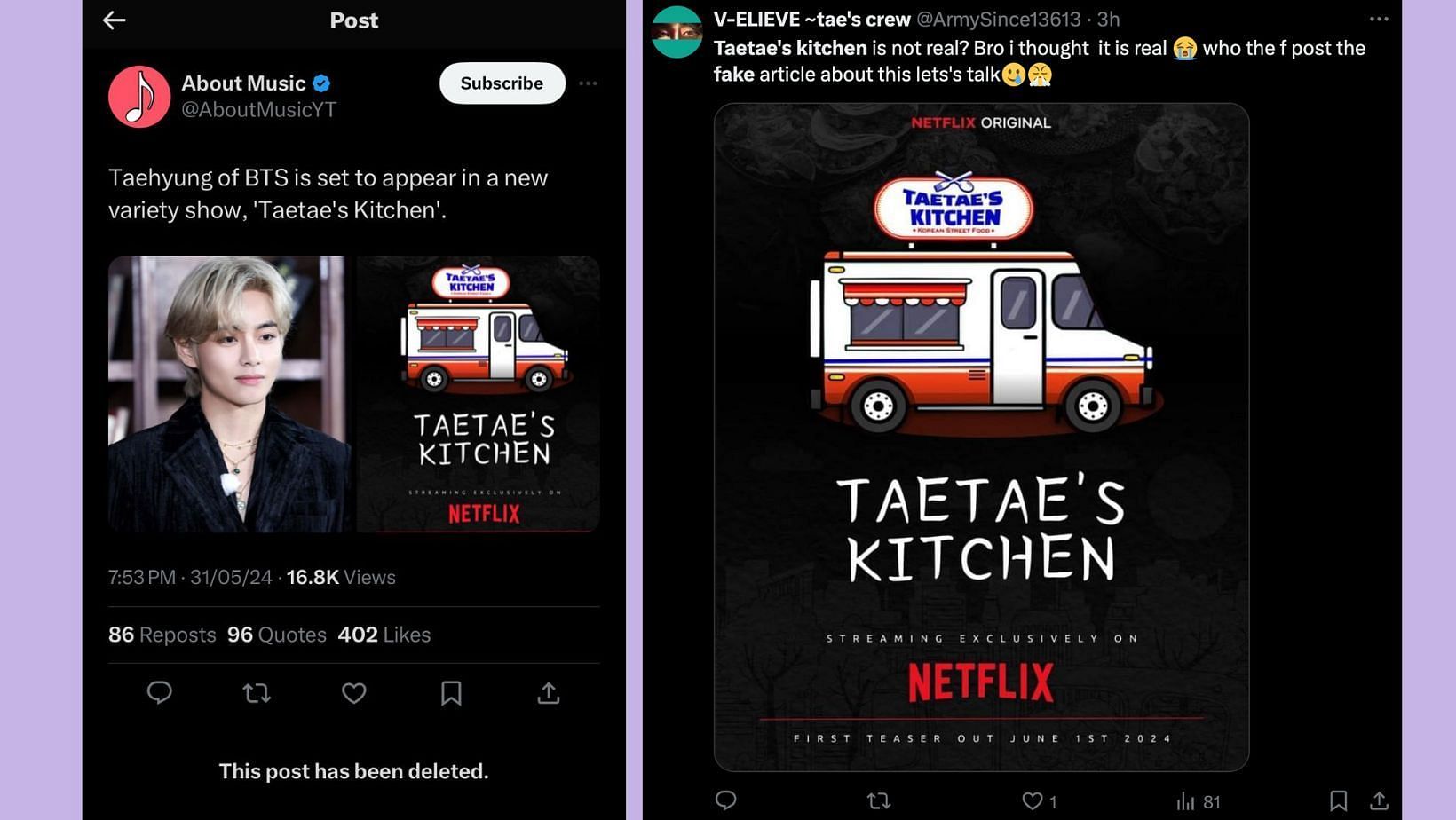 TaeTae&#039;s Kitchen claims to be fake. (Images via X/@AboutMusicYT and @ArmySince13613)