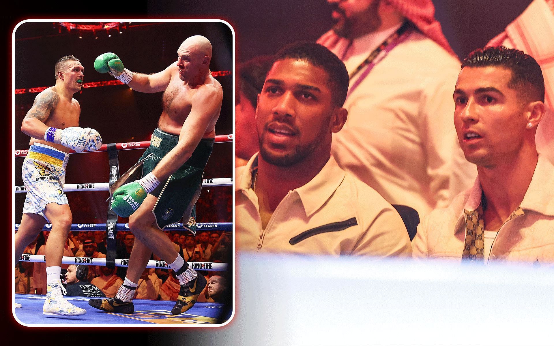 Anthony Joshua (center) and Cristiano Ronaldo (right) chatting during the undercard of Tyson Fury vs. Oleksandr Usyk fight (inset) [Images courtesy: Getty]