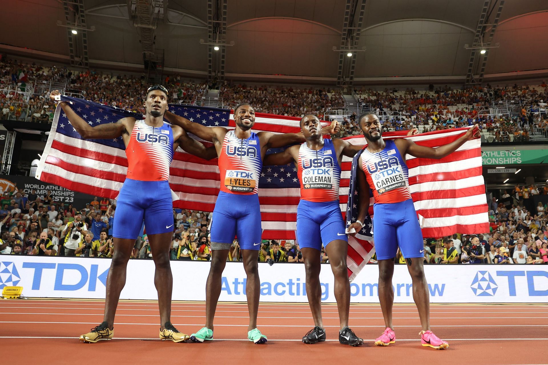 Team USA, including Fred Kerley, celebrates winning the Men&#039;s 4x100m Relay Final during the World Athletics Championships 2023 in Budapest, Hungary