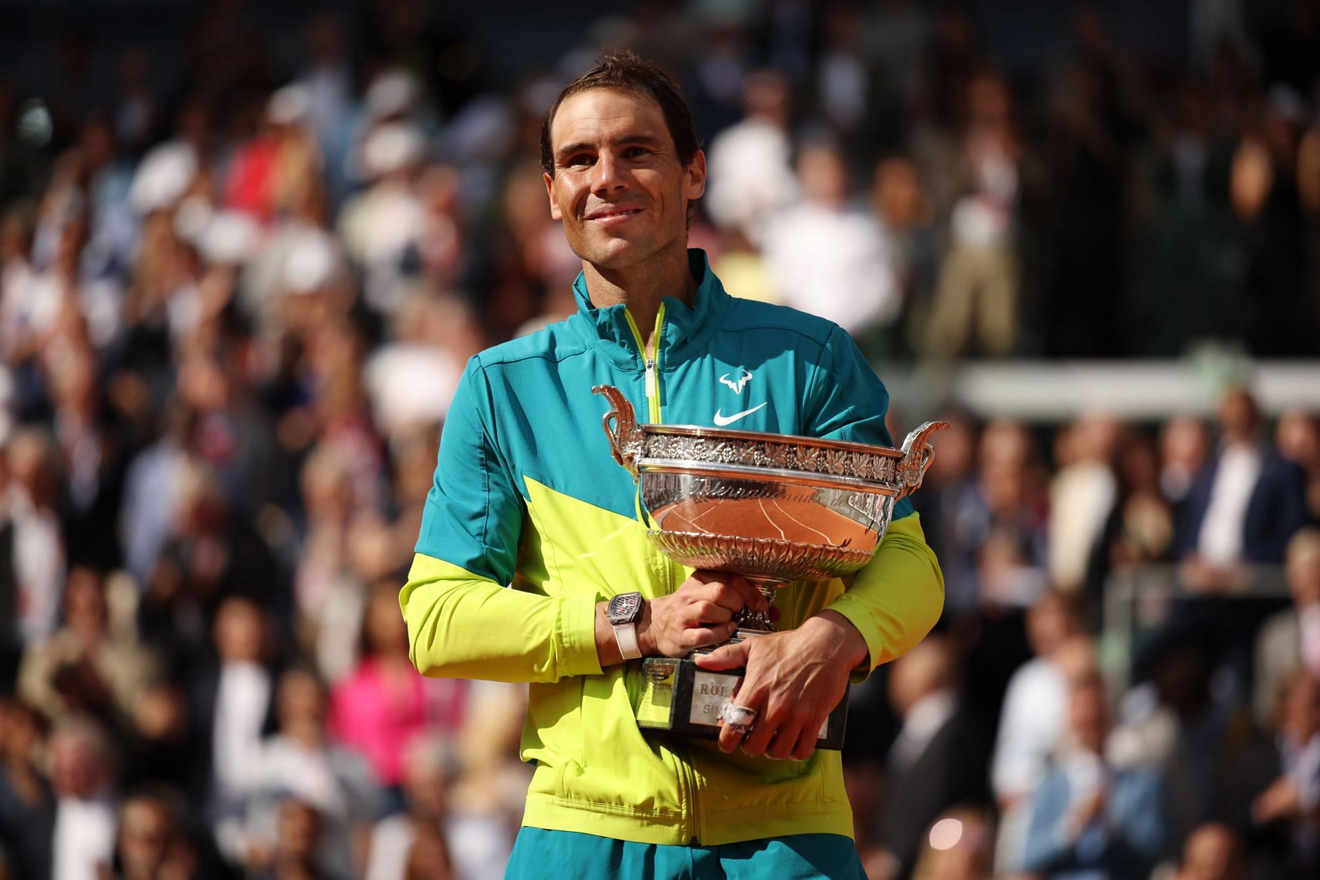 Rafael Nadal pictured with the 2022 French Open trophy