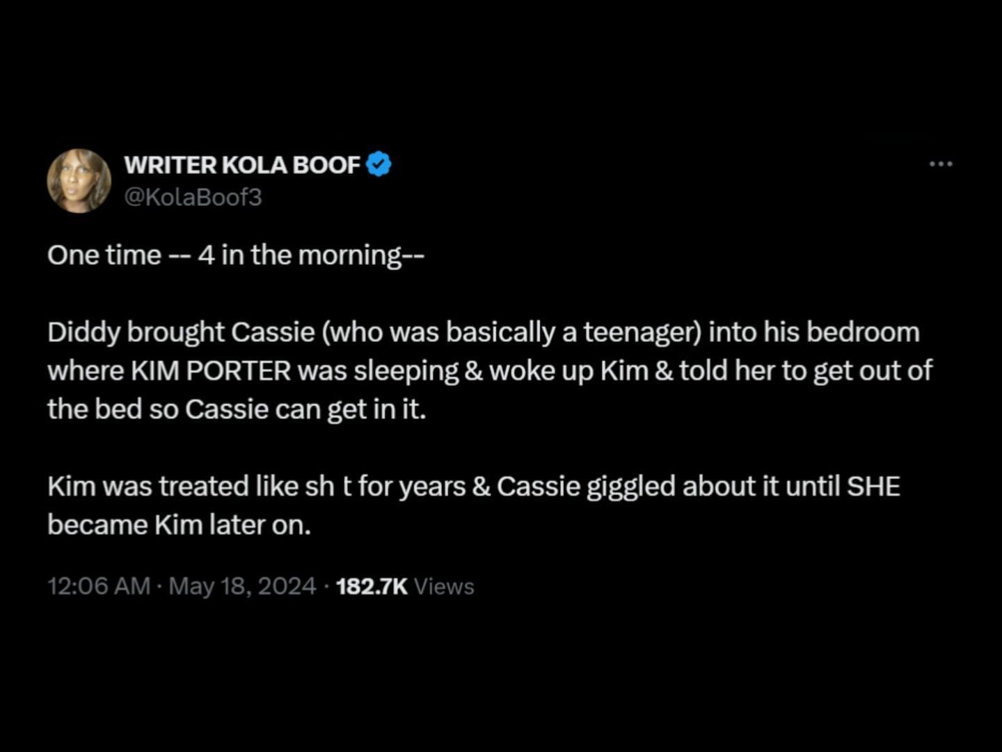 Kola Boof talks about Kim Porter amid Puffy-Cassie surveillance footage upload. (Image via X/KolaBoof3)