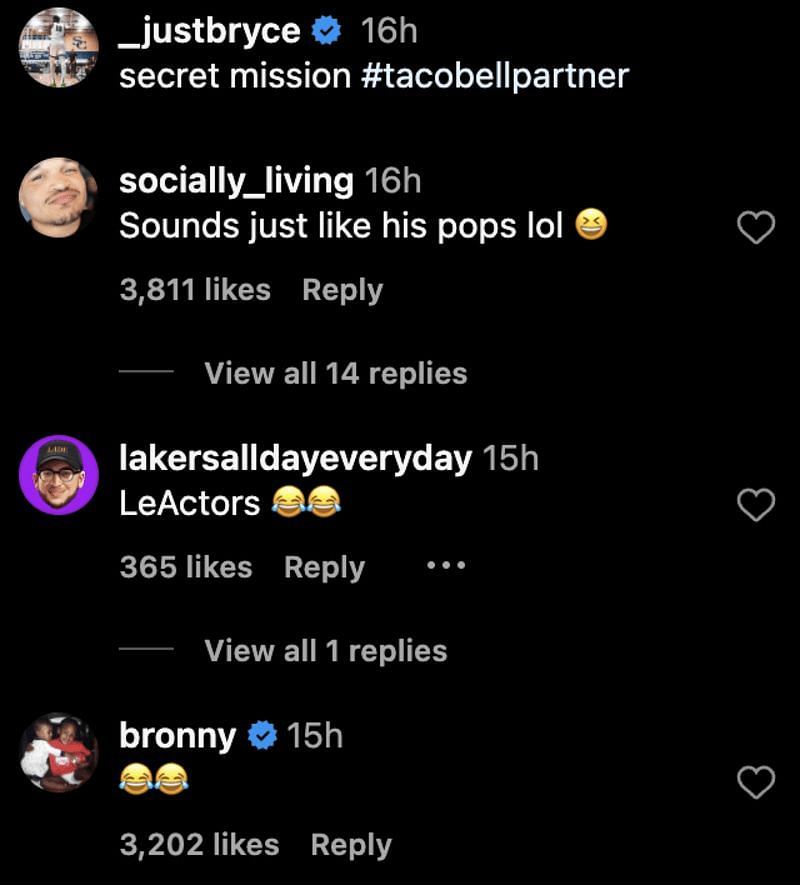 Instagram comments on Bryce and Bronny's video