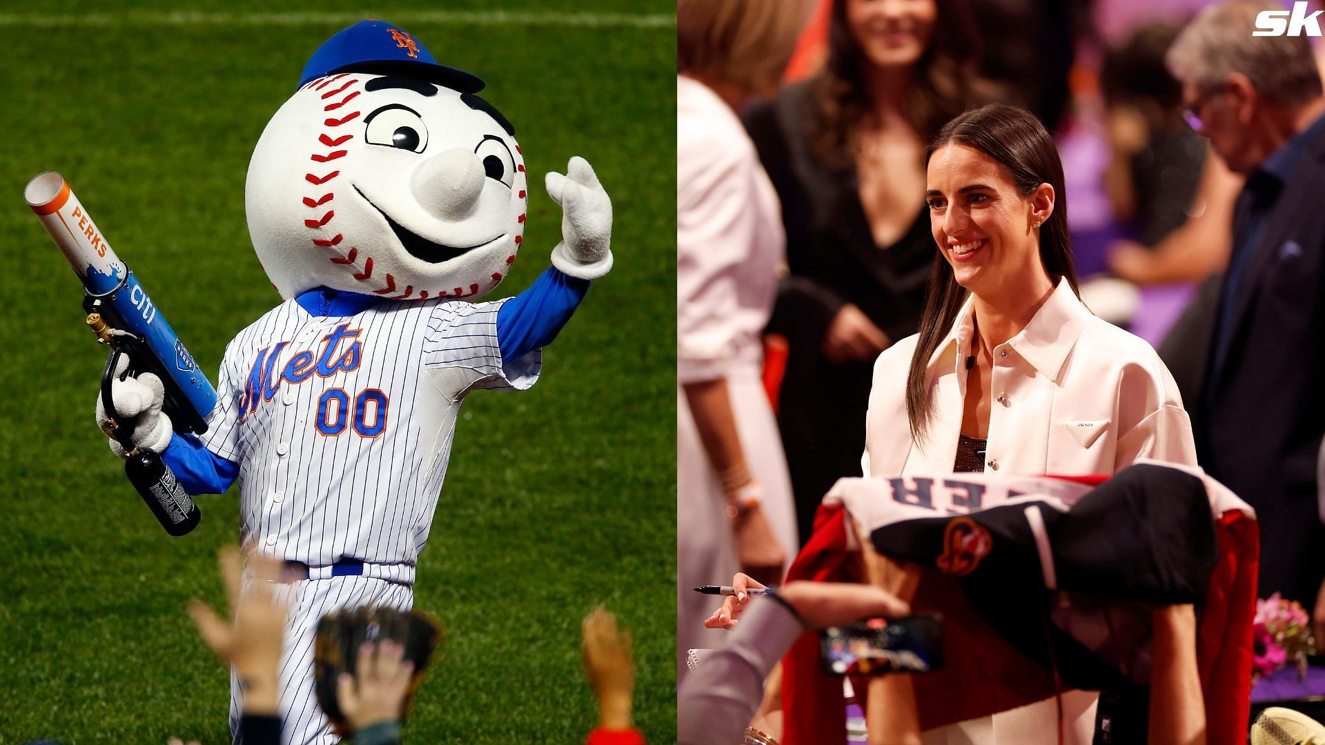 Mr. Met entertains the crowd between innings of a game between the New York Mets and the San Diego Padres at Citi Field