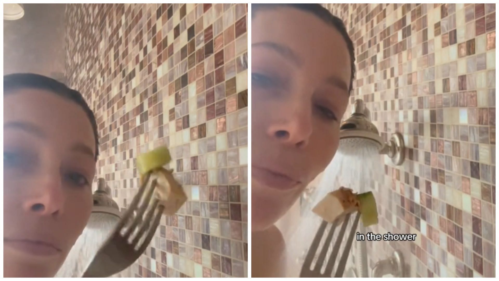 Jessica Biel eating chicken salad in the shower (Image via TikTok/@jessbiel)