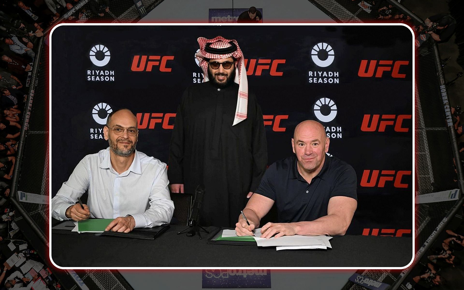 Turki Alalshikh (center) announces agreement between the UFC and Riyadh Season [Images courtesy: @turkialalshik on Instagram and Getty]