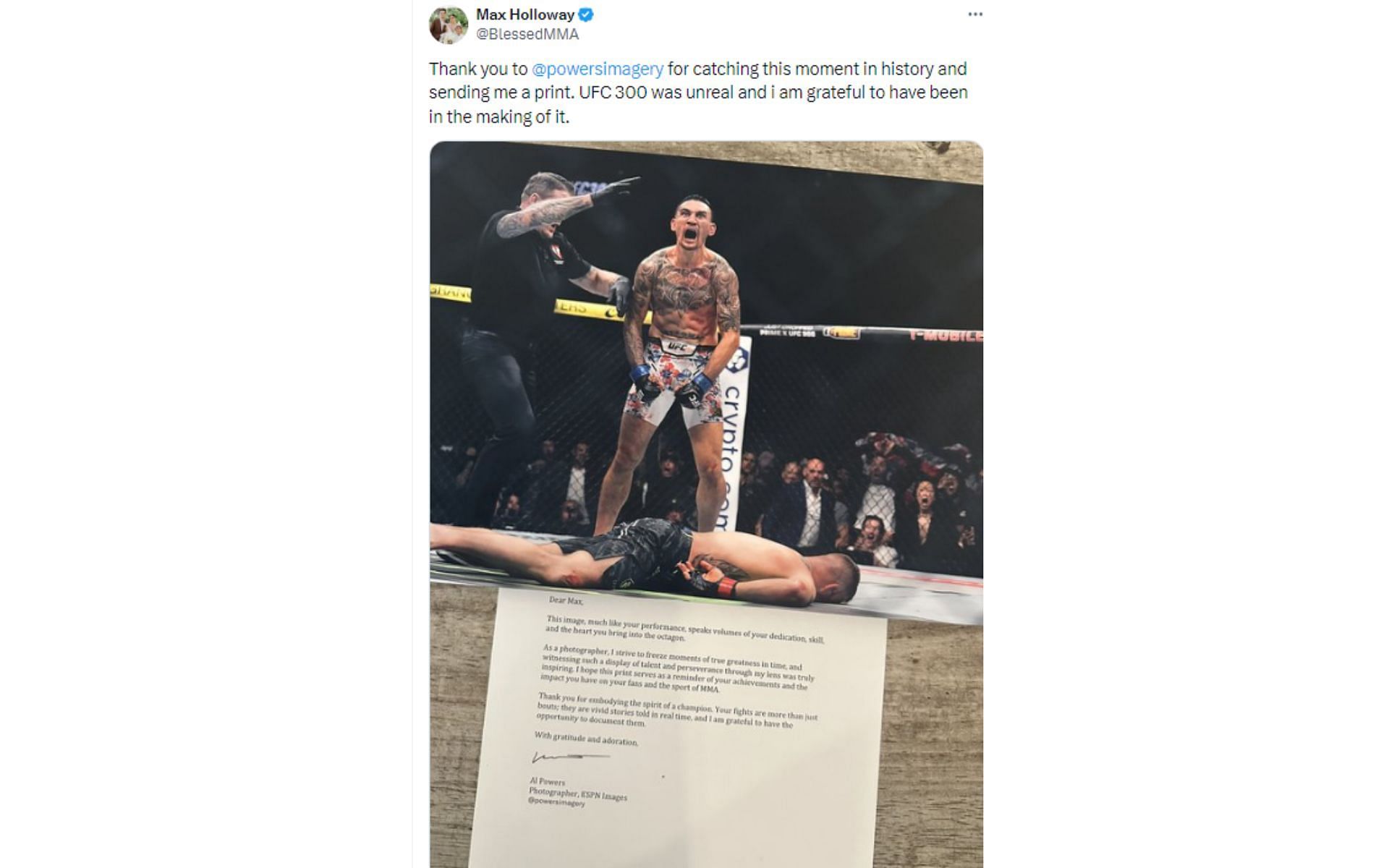 Holloway&#039;s tweet featuring the letter from Powers [Image courtesy: @BlessedMMA - X]