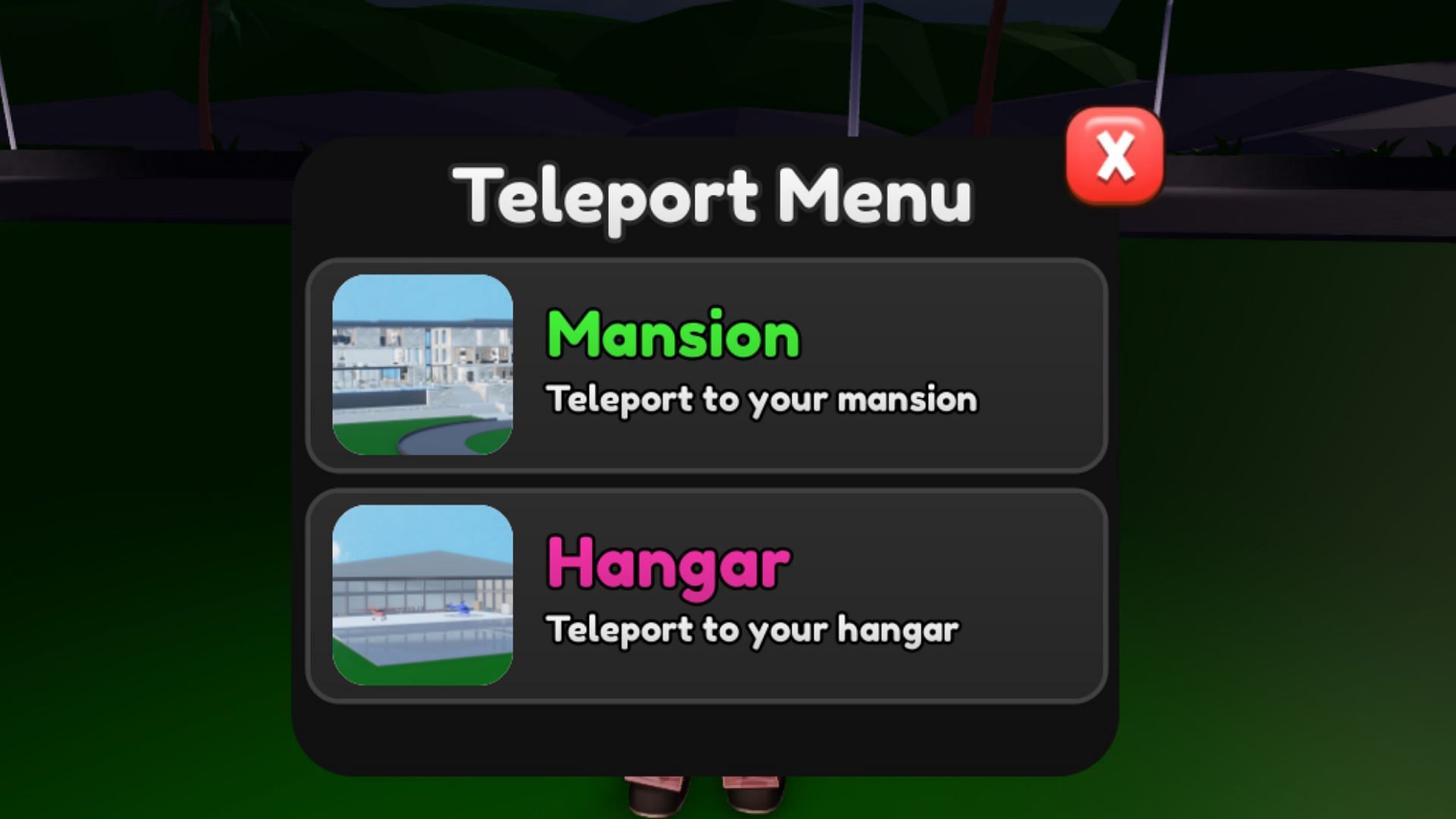 Teleport Menu in Millionaire Mansion Tycoon (Image via Roblox)