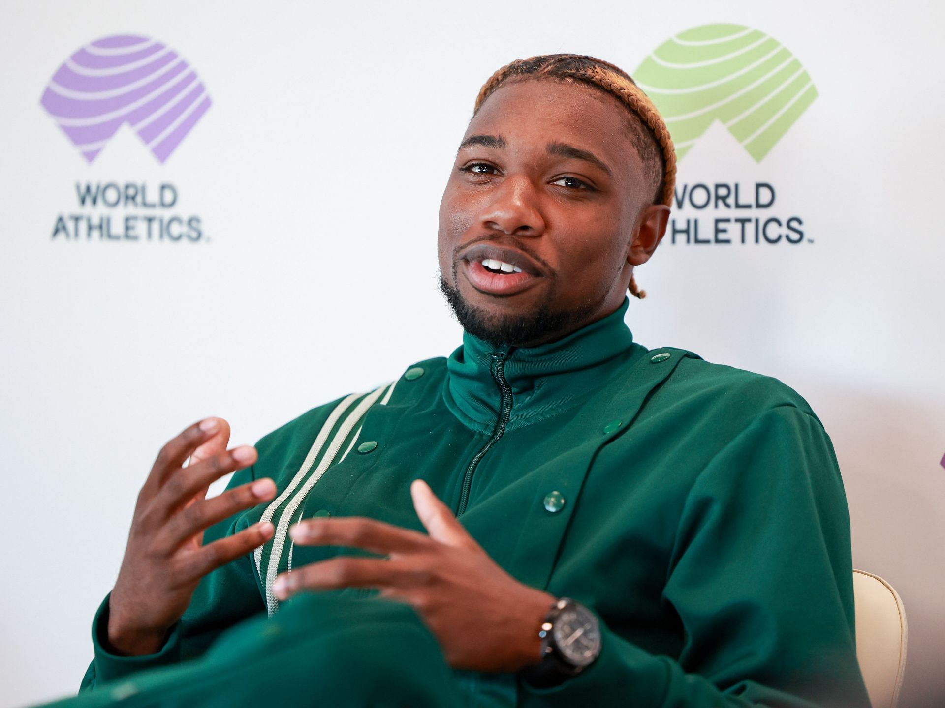 Noah Lyles attends the World Athletics Awards press conference at Le Meridien Beach Plaza Hotel on December 05, 2022, in Monaco, Monaco. (Photo by Arnold Jerocki/Getty Images)