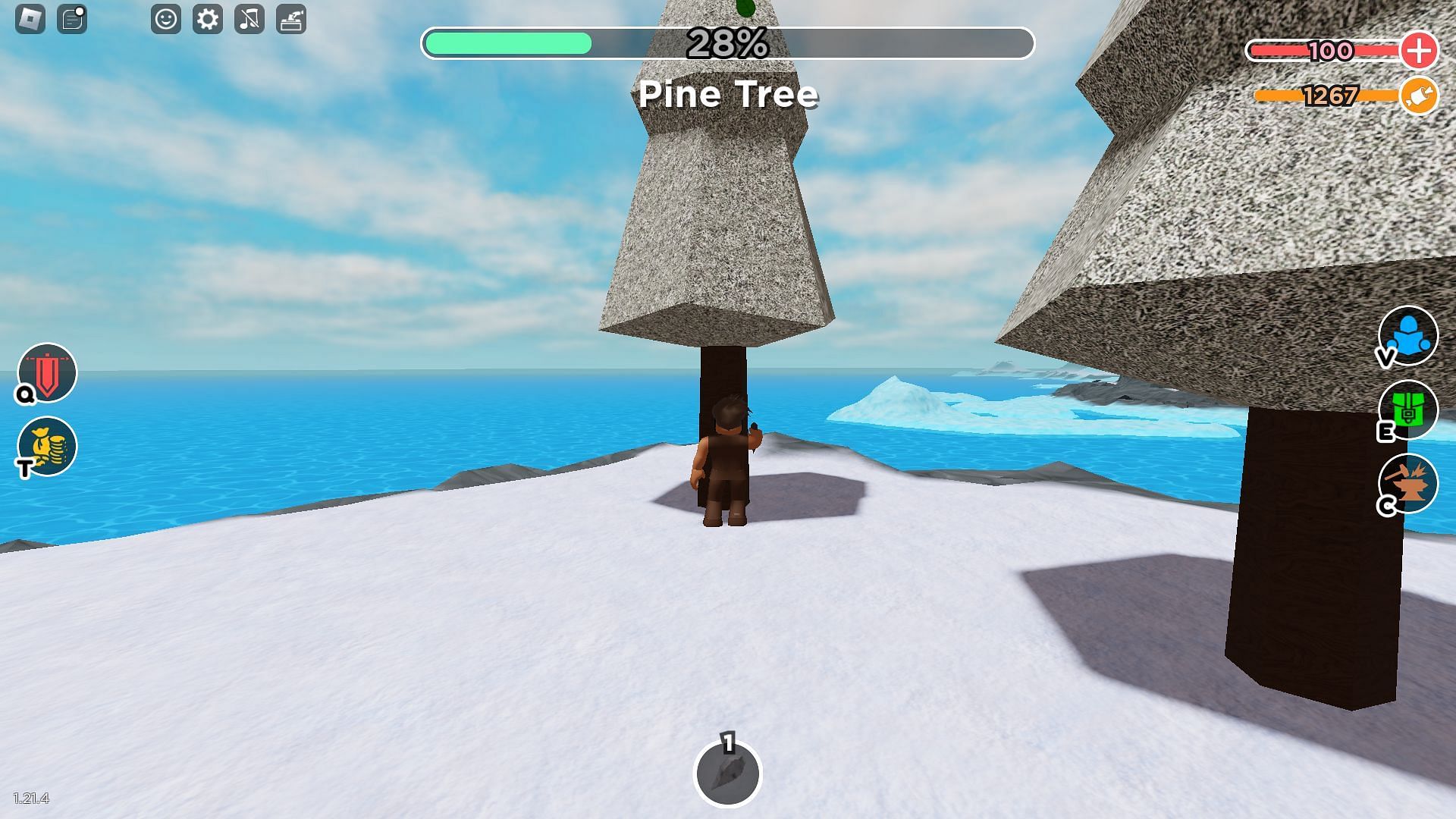 Gathering resources using a sharp stone (Image via Roblox)