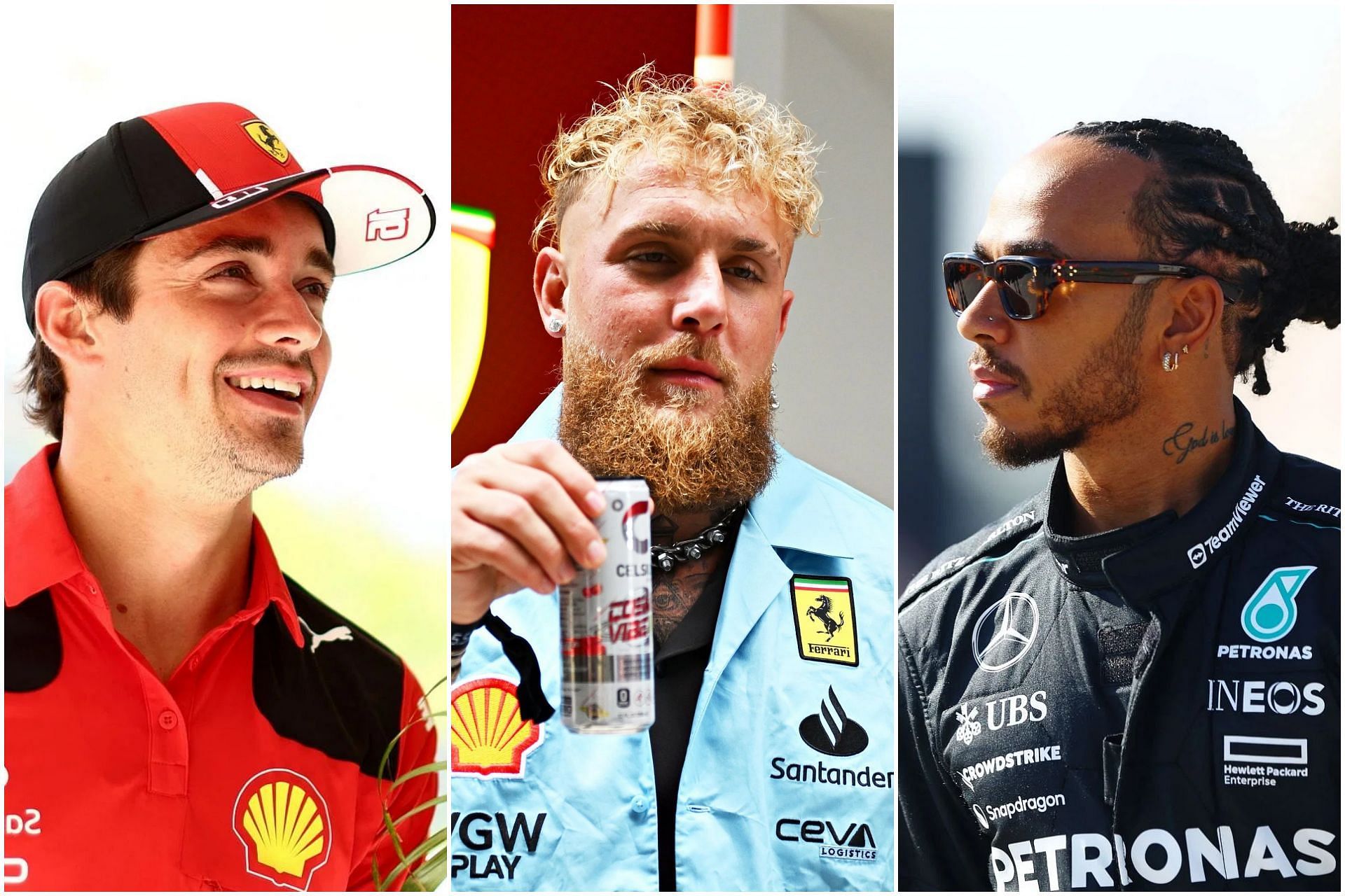Charles Leclerc (L), Jake Paul (C) and Lewis Hamilton (R) (Collage via Sportskeeda)