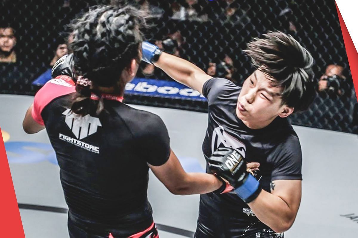 Xiong Jing Nan going for a big strike against Tiffany Teo [Photo via: ONE Championship]