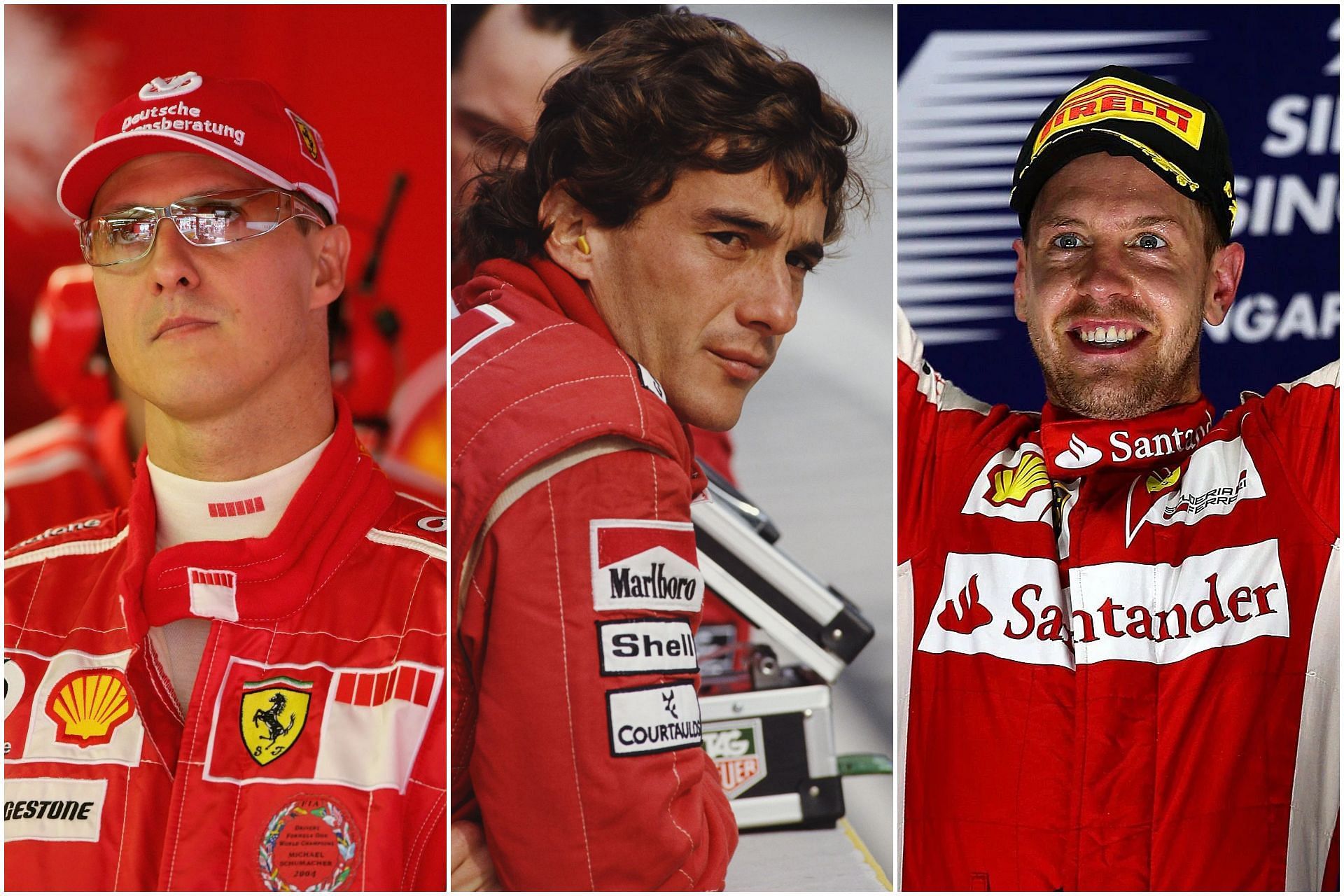 Michael Schumacher (L), Ayrton Senna (C), and Sebastian Vettel (R) (Collage via Sportskeeda)