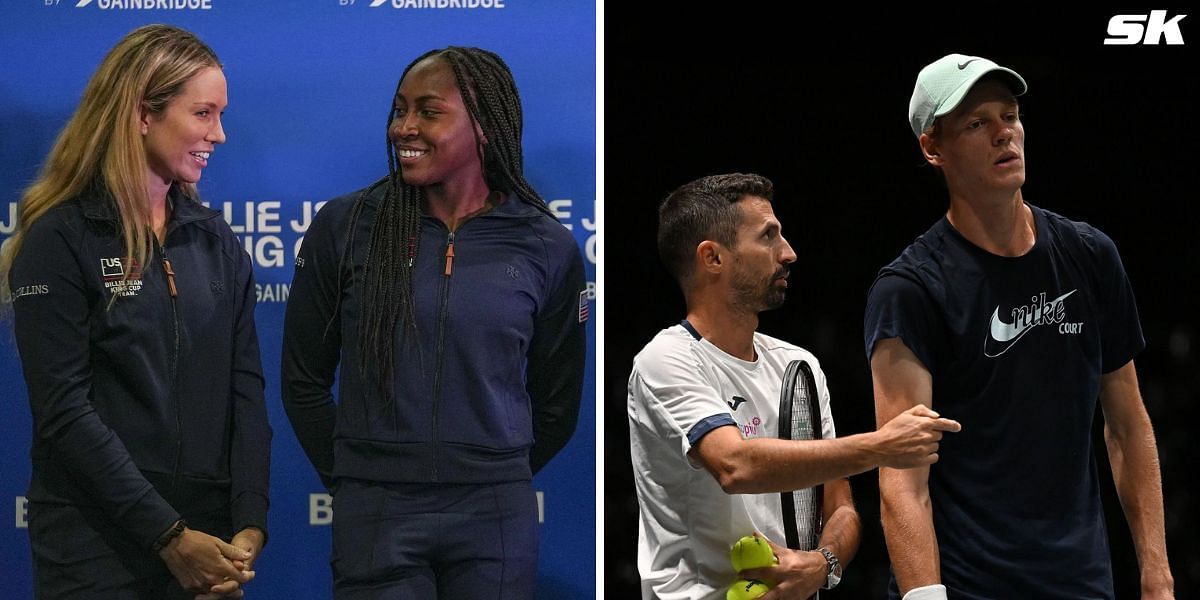 Danielle Collins and Coco Gauff (L), Jannik Sinner with coach Simone Vagnozzi (R)