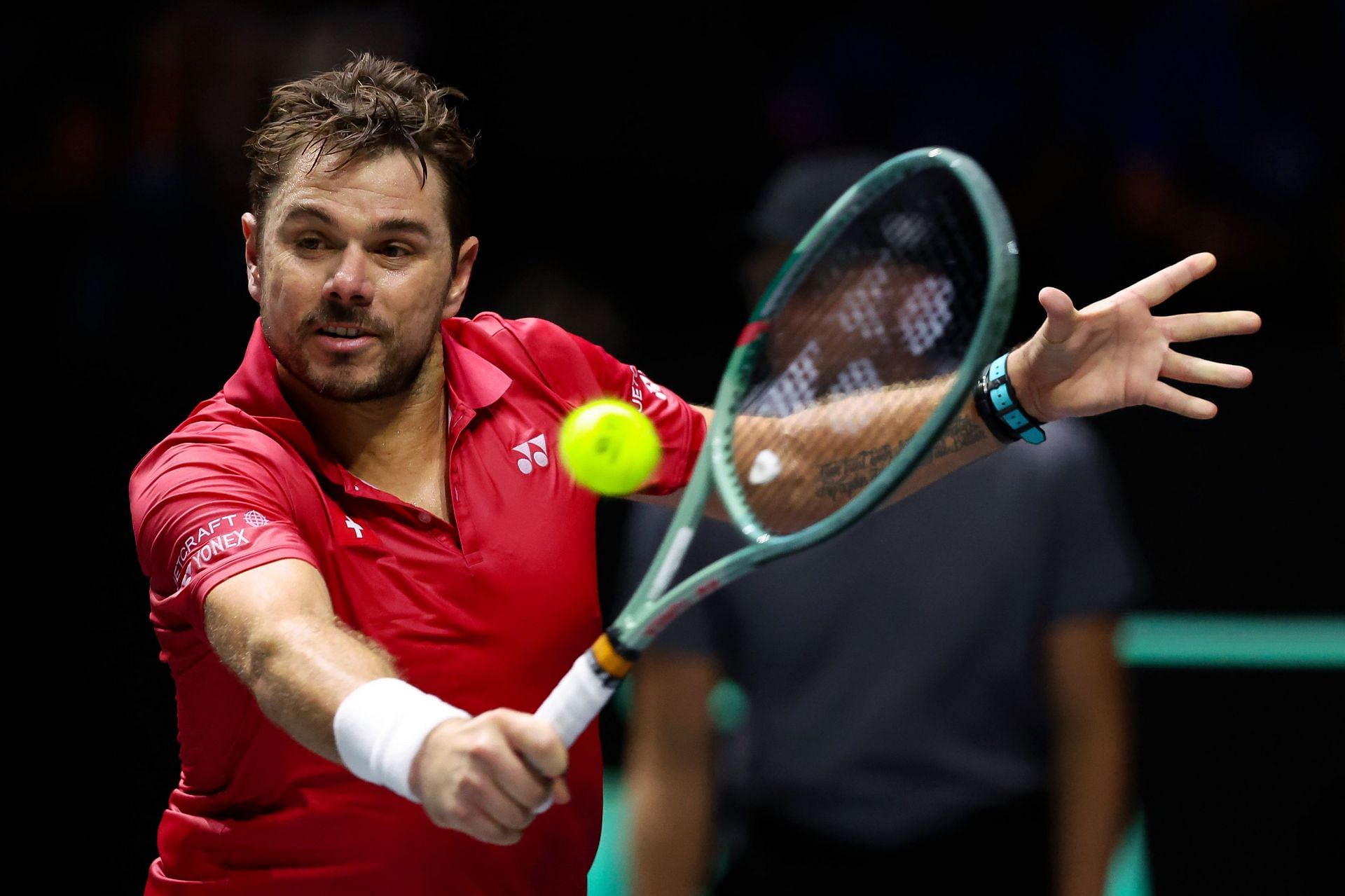 Stan Wawrinka in action during the 2023 Davis Cup Finals Group Stage Manchester