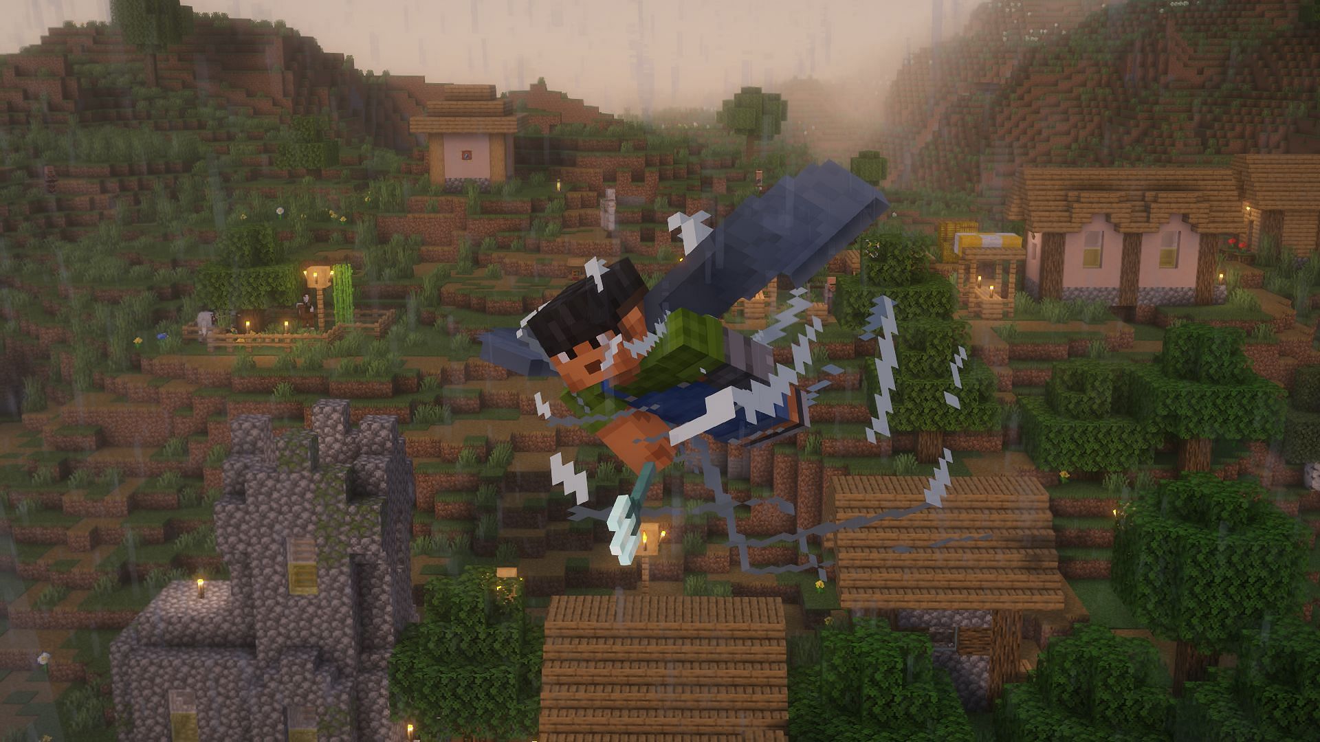 Players using a trident with Riptide to propel themselves (Image via Mojang)