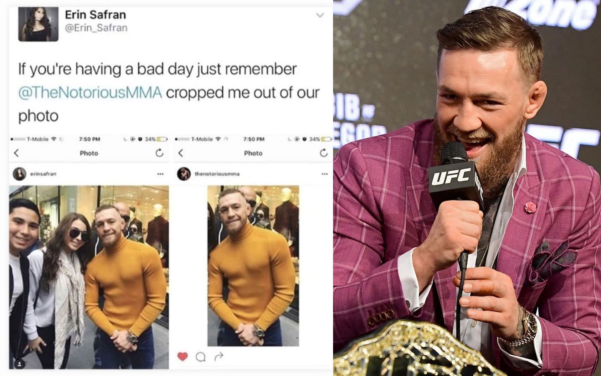 Conor McGregor (right) looks back on cropping a fan out of his Instagram post (left) [Images Courtesy: @GettyImages, @thenotoriousmma on Instagram]