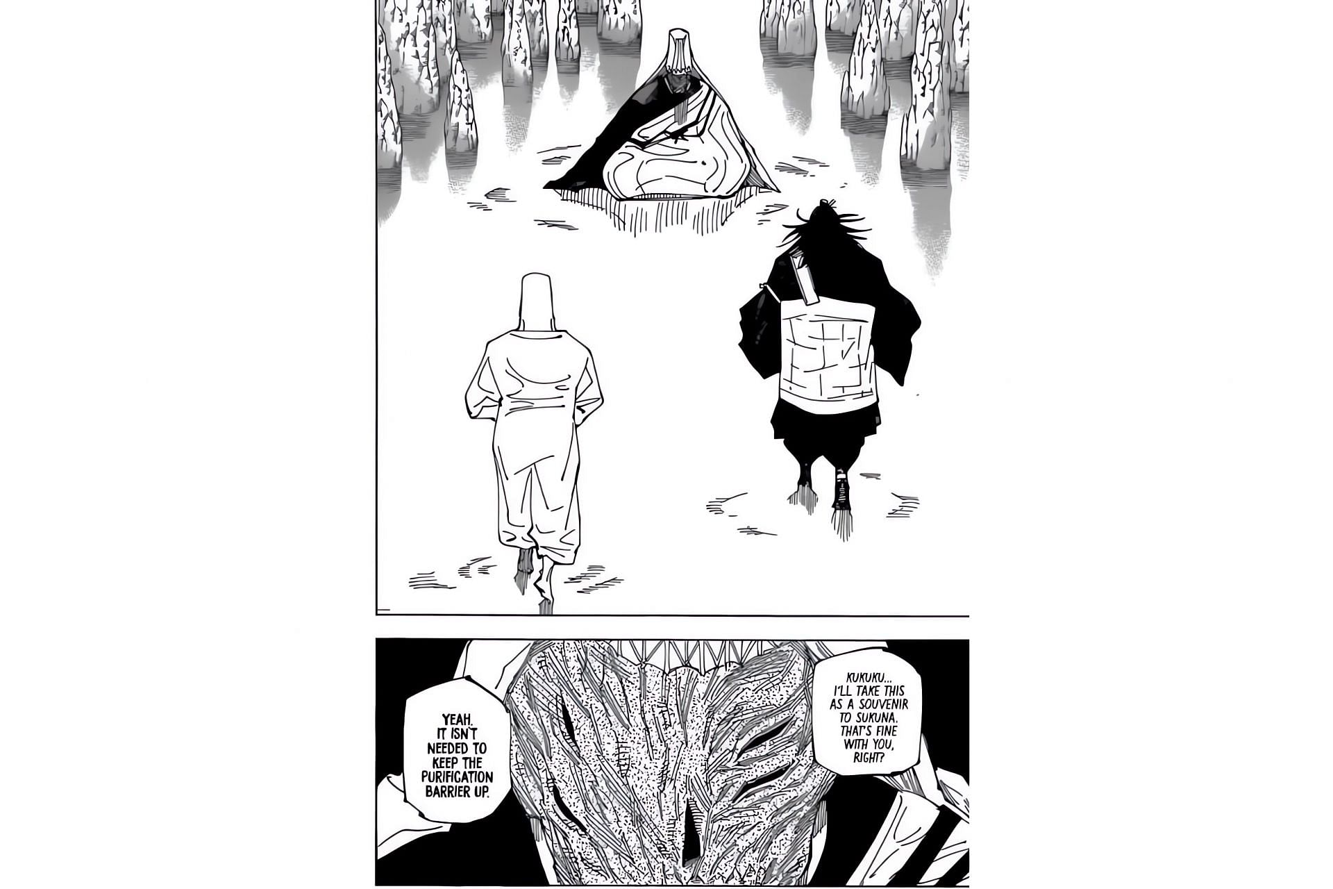 Kenjaku and Tengen visiting Sukuna&#039;s human corpse (Image via Shueisha)