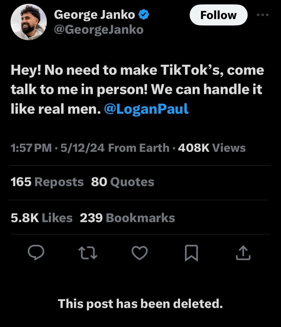 George Janko&#039;s now-deleted tweet in response to Logan Paul (Image via @je1an1wkf/X)