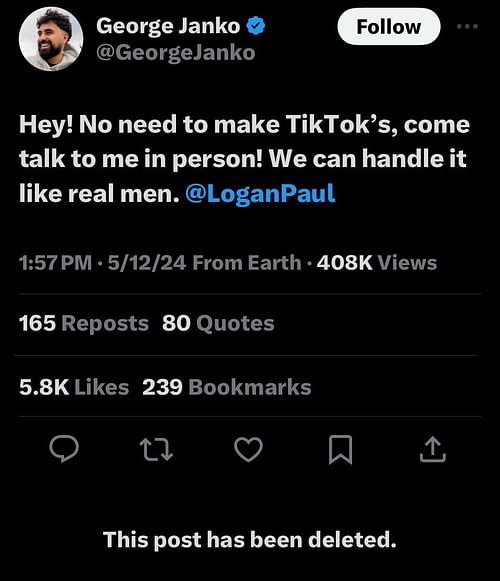 George Janko's now-deleted tweet in response to Logan Paul (Image via @je1an1wkf/X)