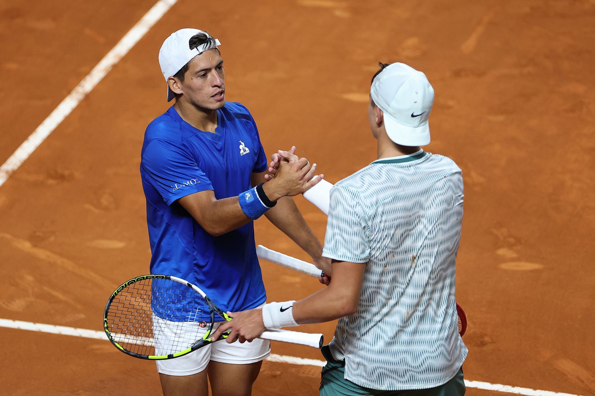 Sebastian Baez (L) and Holger Rune (R) after their third-round match at the Italian Open