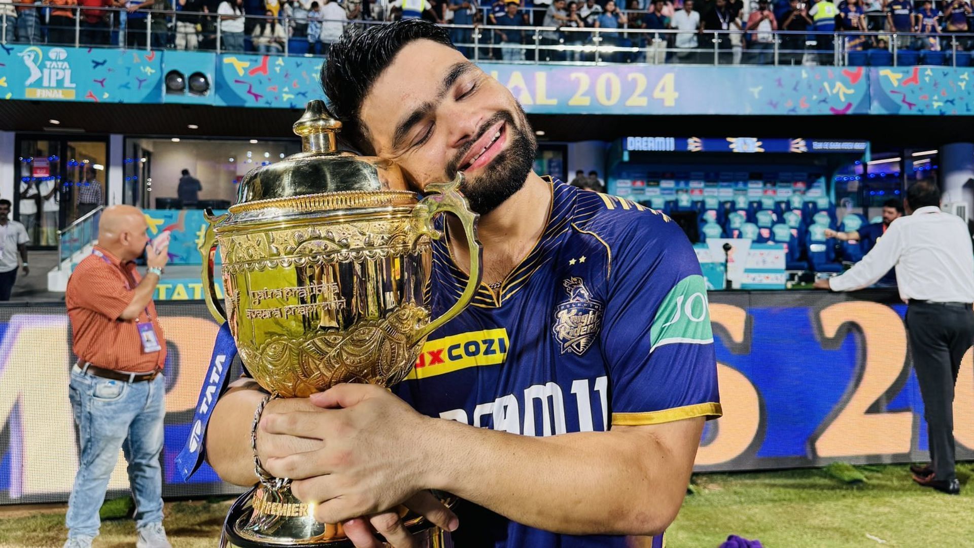 Rinku Singh hugs and poses with the IPL 2024 trophy (P.C.: Rinku Singh social media)