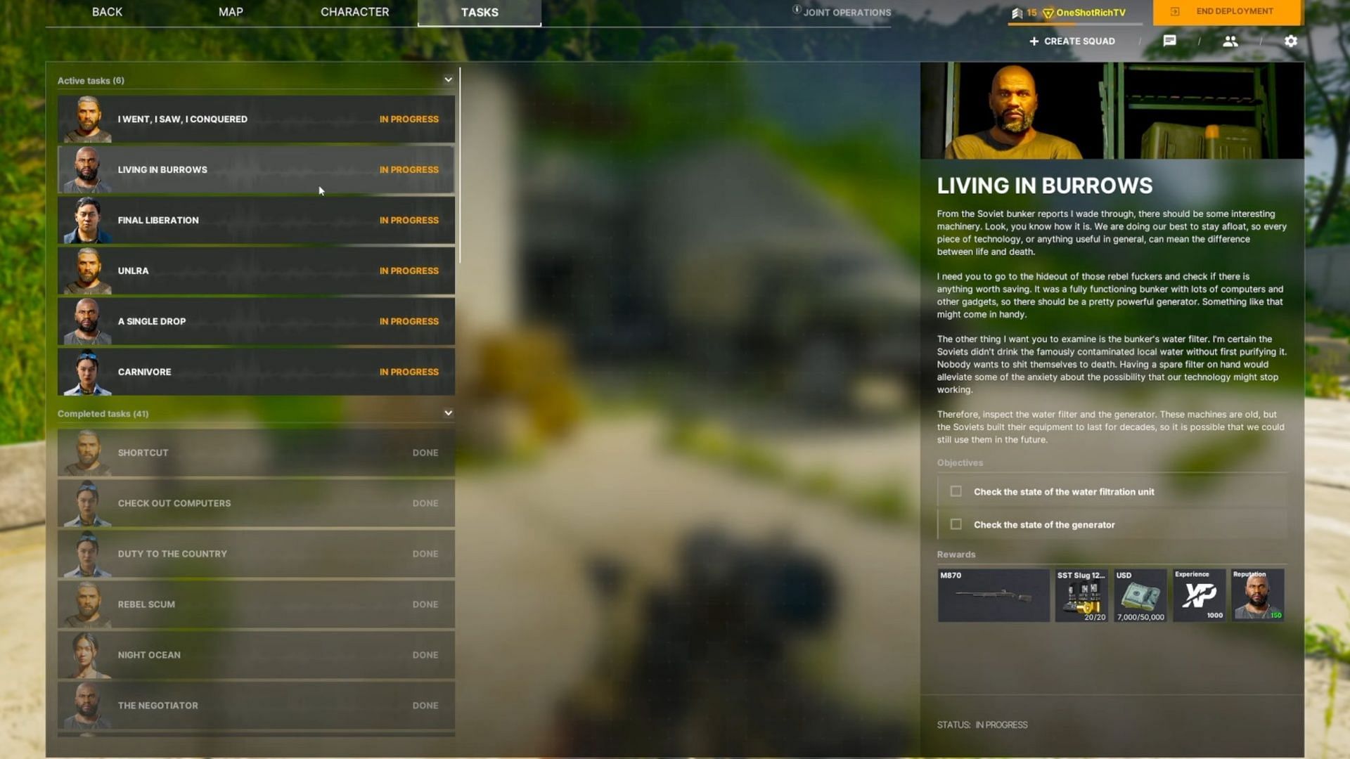 Living In Burrows mission objectives (Image via MADFINGER Games || YouTube/OneShotRich)