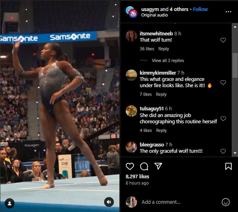 Screenshot of Instagram comments on Jones&#039; floor routine.