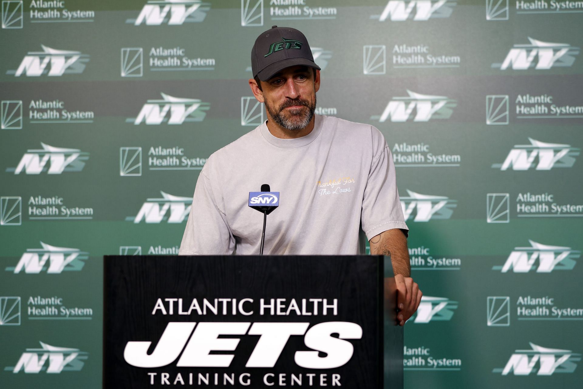 Aaron Rodgers during New York Jets OTA Offseason Workout