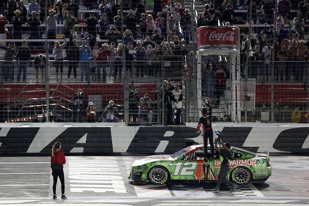 Ryan Blaney celebrates his victory at the Coca-Cola 600.