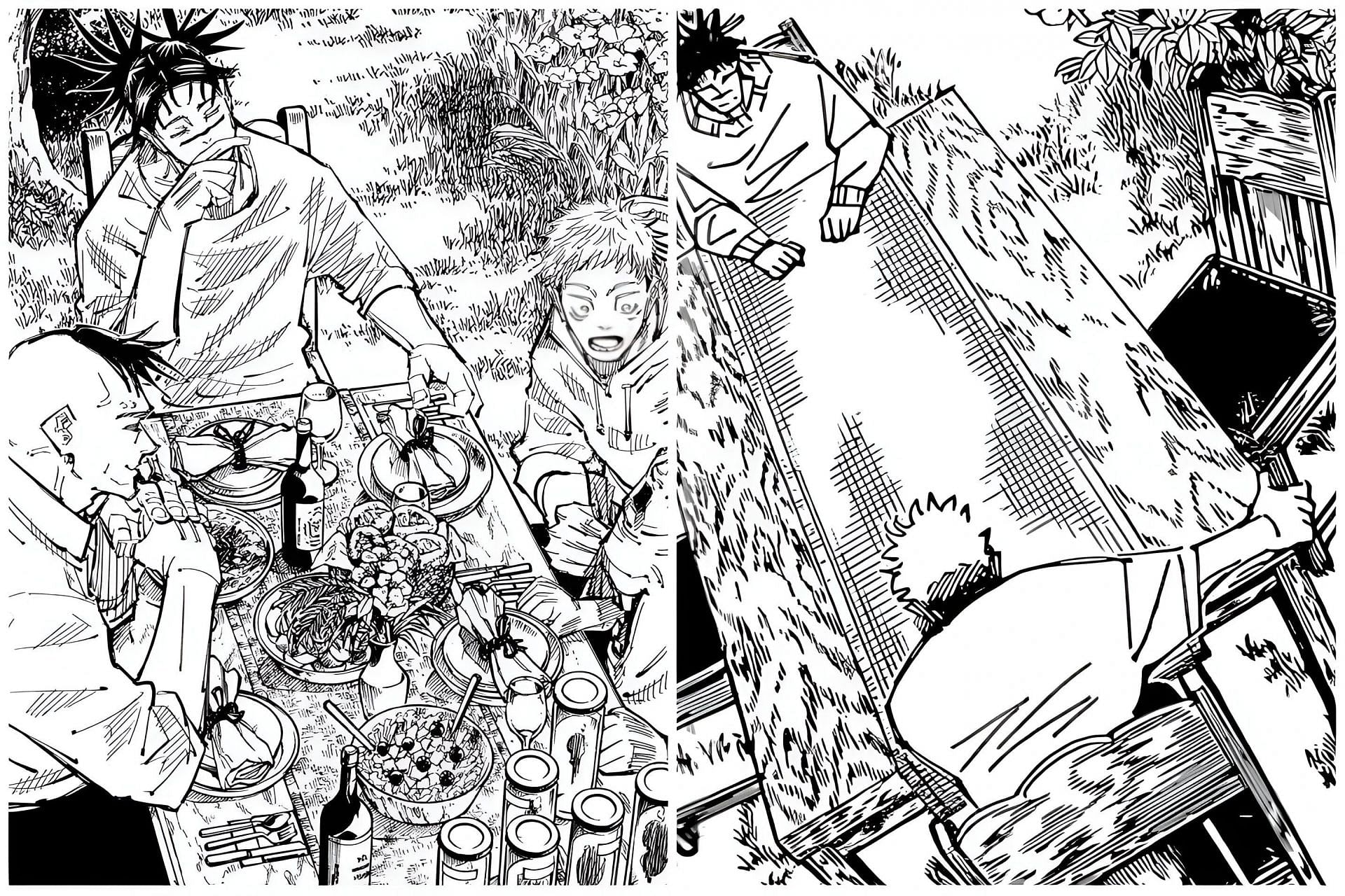 Visual of Yuji and Choso in their first meeting (left) and last meeting (right) (Image via Shueisha)