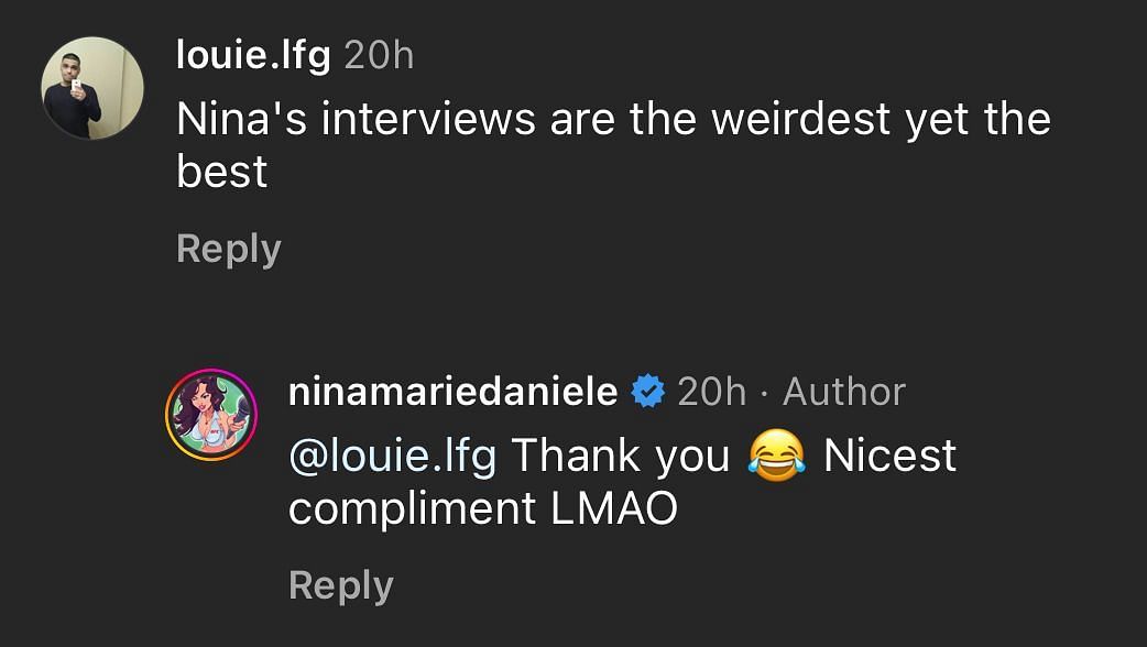 A screenshot of Nina-Marie Daniele&#039;s interaction with the fan