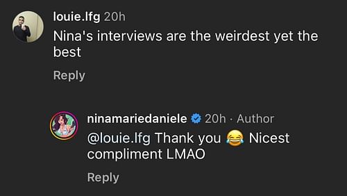 A screenshot of Nina-Marie Daniele's interaction with the fan