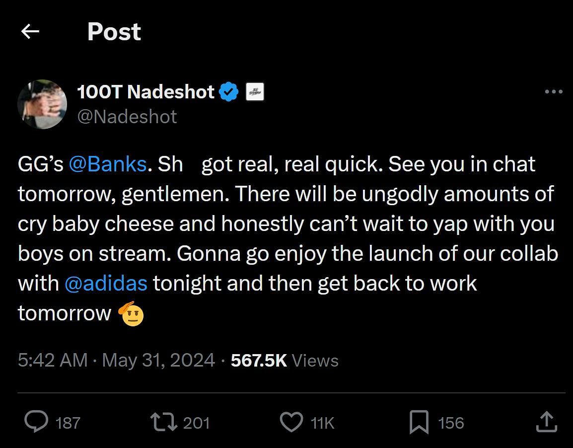 The post (Image via 100T Nadeshot)