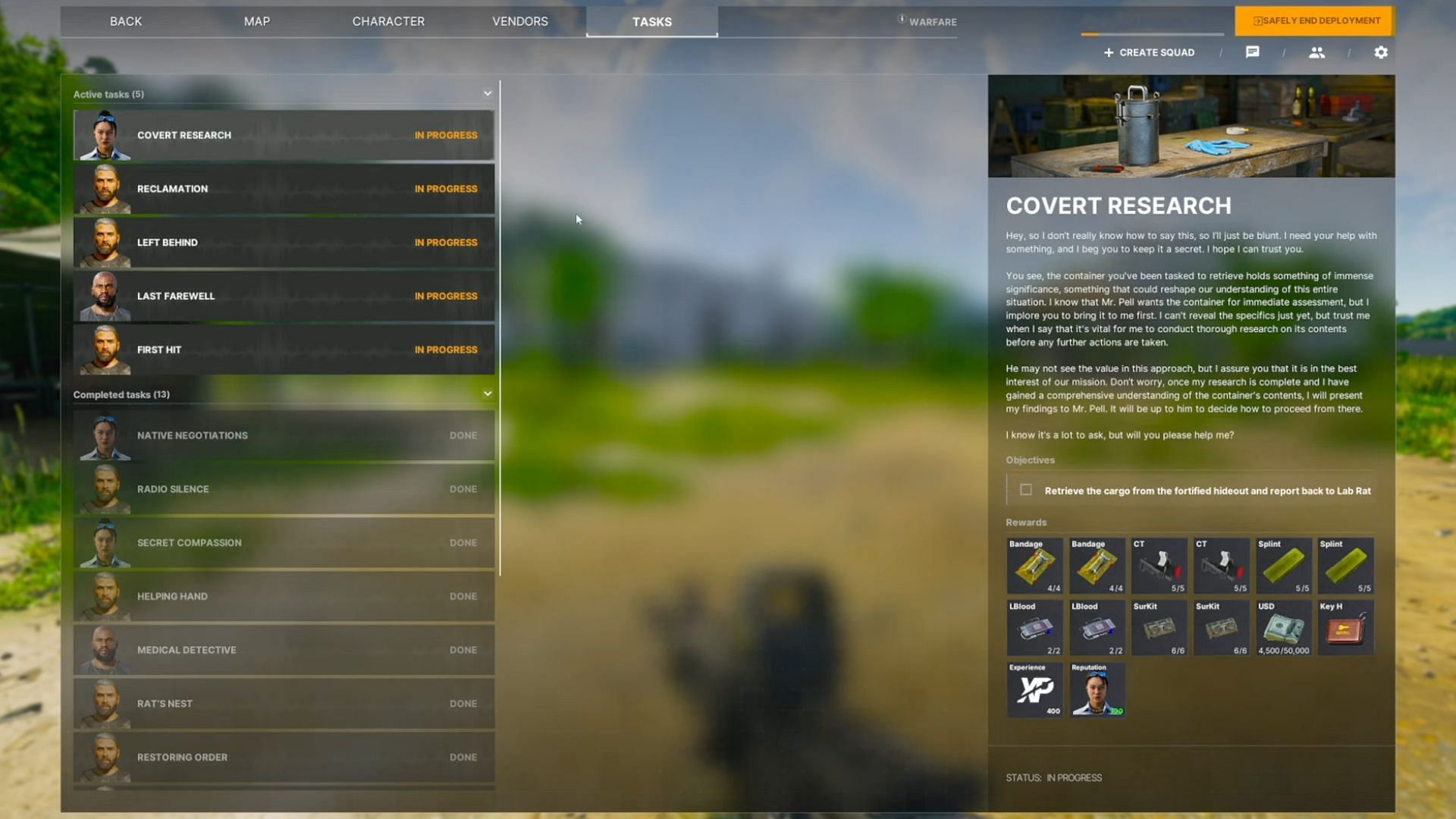 Covert Research mission tab (Image via MADFINGER Games)