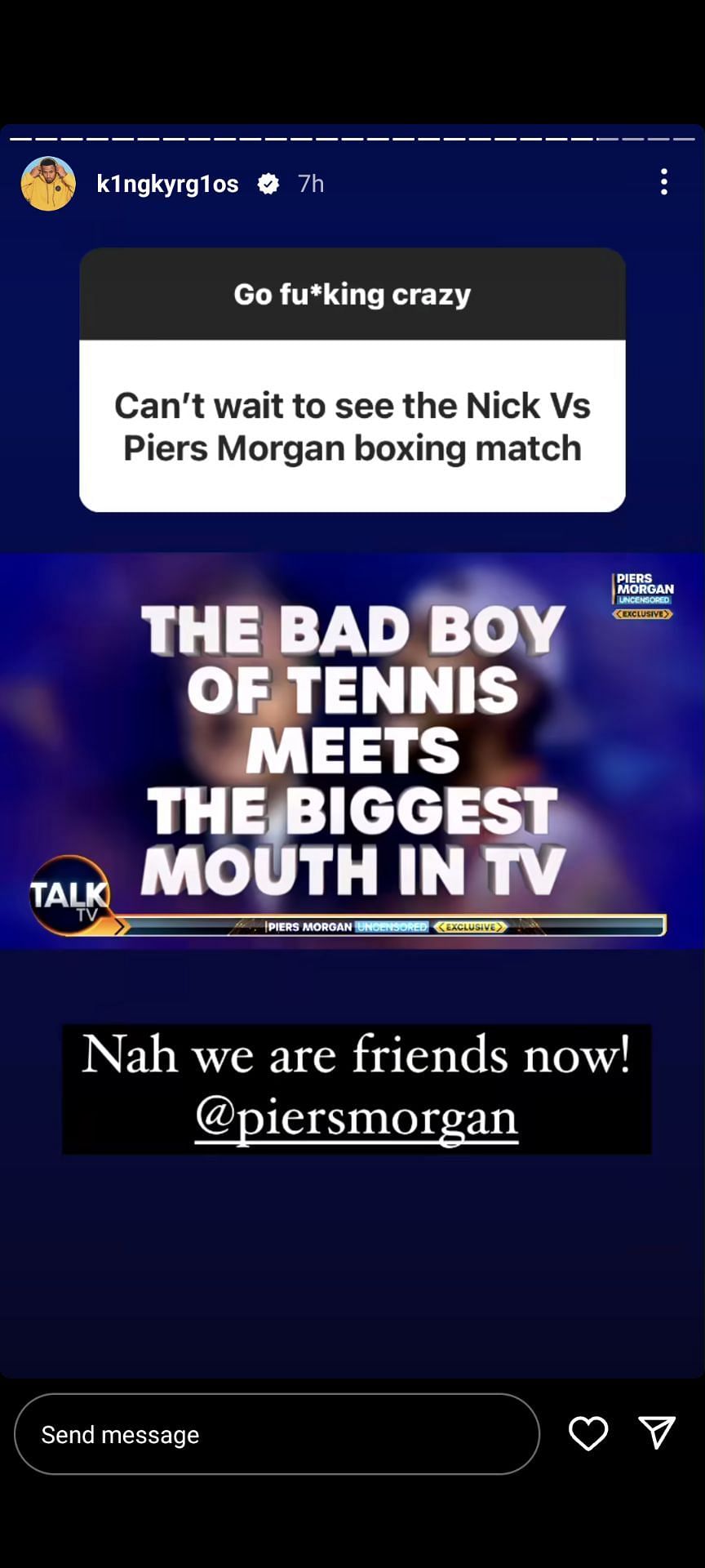 Nick Kyrgios calls Piers Morgan his friend