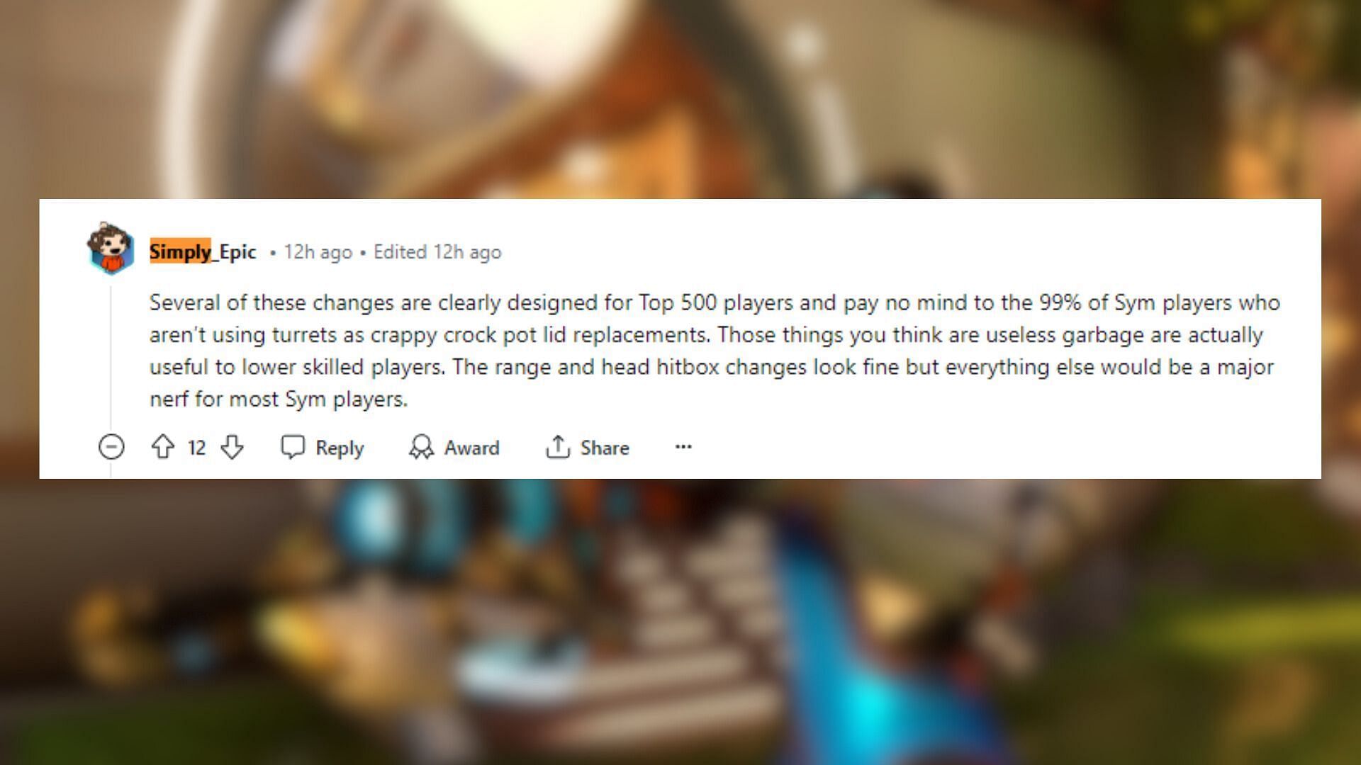 A fan mentioned how the suggested Symmetra changes are solely hinted towards the top 1% of the player base (Image via Reddit)