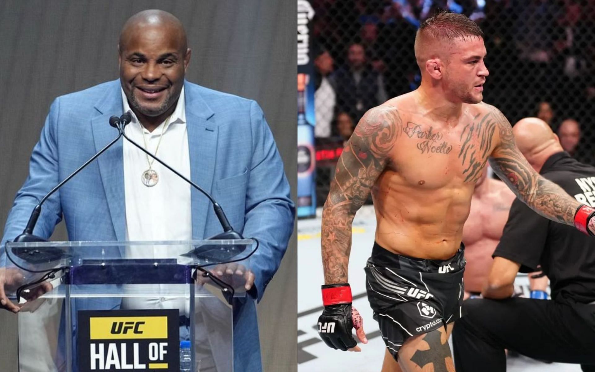 Daniel Cormier (left) does not approve of Dustin Poirier (right) addressing his potential retirement [Photo Courtesy @dc_mma and @dustinpoirier on Instagram]