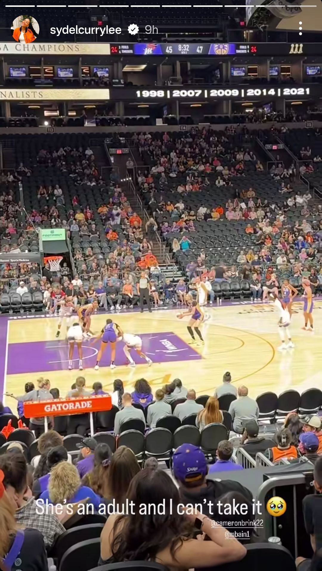 Sydel Curry&#039;s Instagram story featuring Brink against the Phoenix Mercury