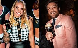 Conor McGregor reacts as Ebanie Bridges enjoys time at a drift track sporting Forged Irish Stout merch