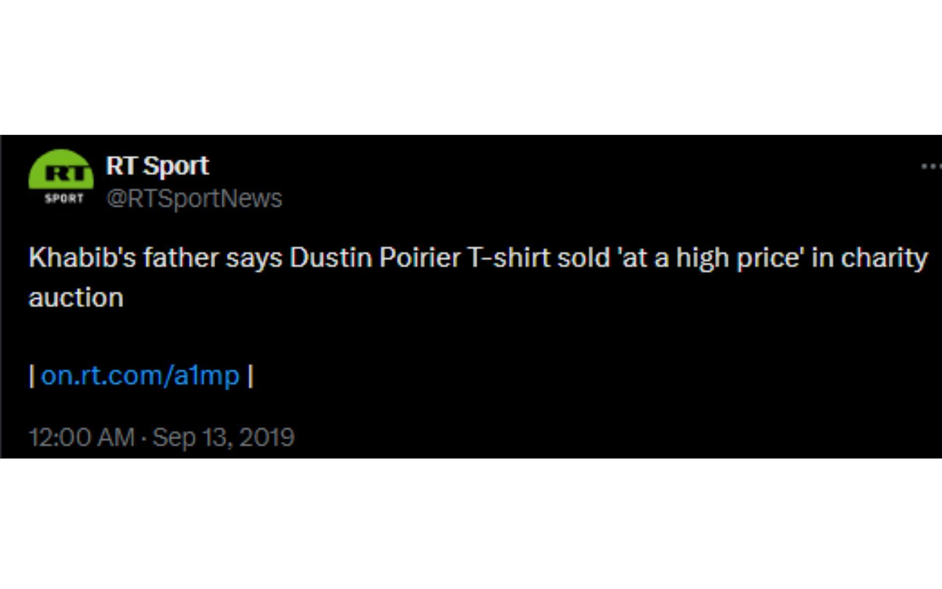 Tweet regarding the sale of Nurmagomedov&#039;s worn Poirier t-shirt [Image courtesy: @RTSportNews - X]