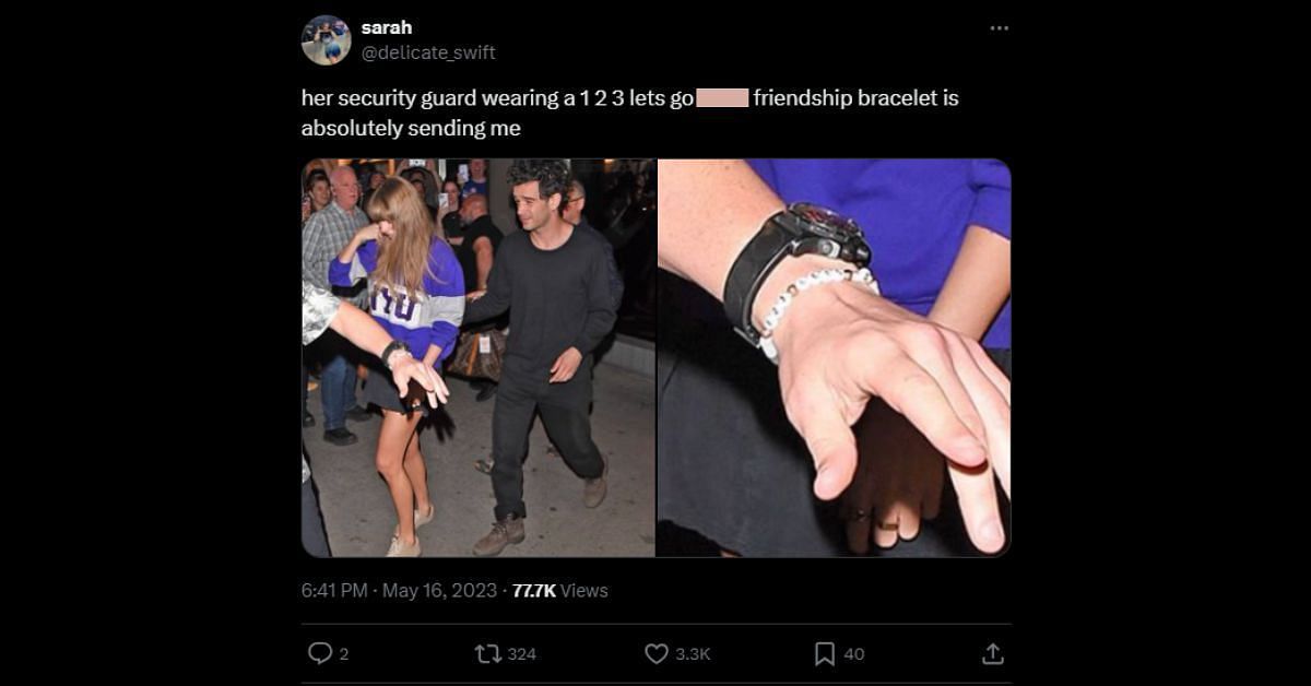Taylor Swift&#039;s bodyguard photographed wearing a friendship bracelet (image via X/@delicate_swift)