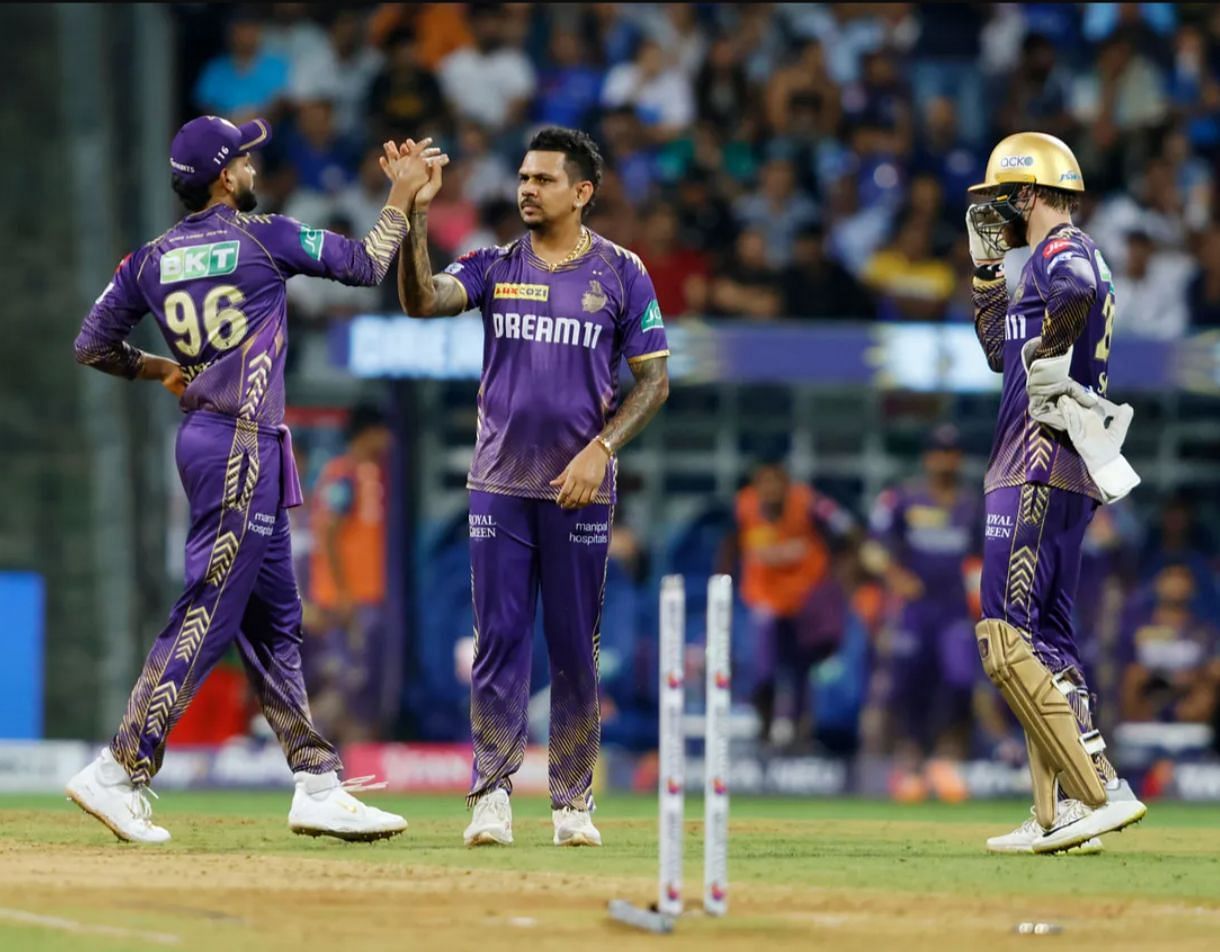 Sunil Narine celebrating with his KKR teammates