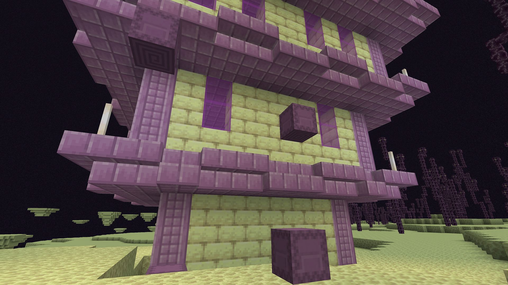 Closed Shulkers on the side of an end city (Image via Mojang)