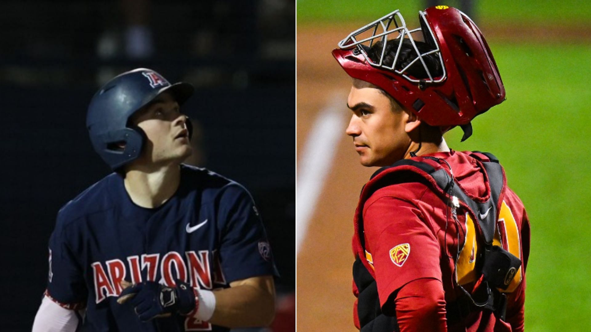 From left to right: Arizona infielder Mason White and USC catcher Mason Galloway